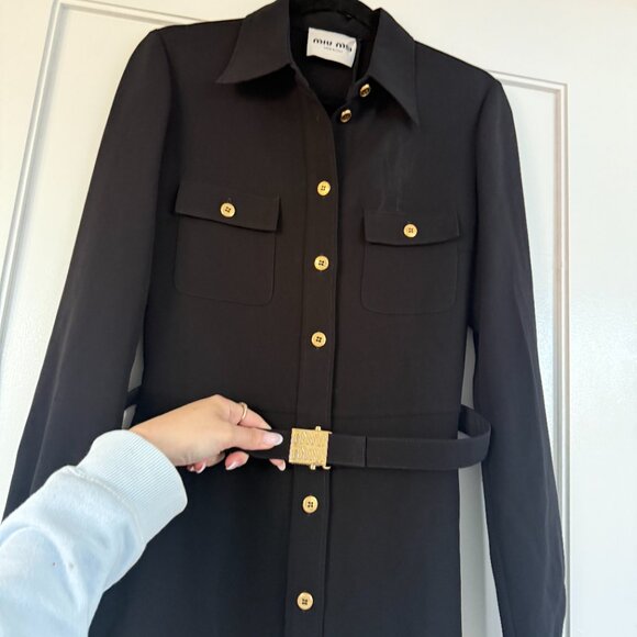 NWT Miu Miu Cady Shirt Dress Black Button Down Belted w/ Gold Tone Logo Buckle - Picture 8 of 10